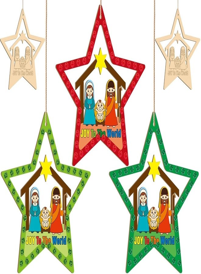 Cliths 20Pcs Christmas Wooden Star Craft DIY Nativity Star Ornaments for Kids Christian Religious Xmas Decoration Craft Kit with Gem Stickers Church Party Supplies 5.4x5.7 in - Image 1